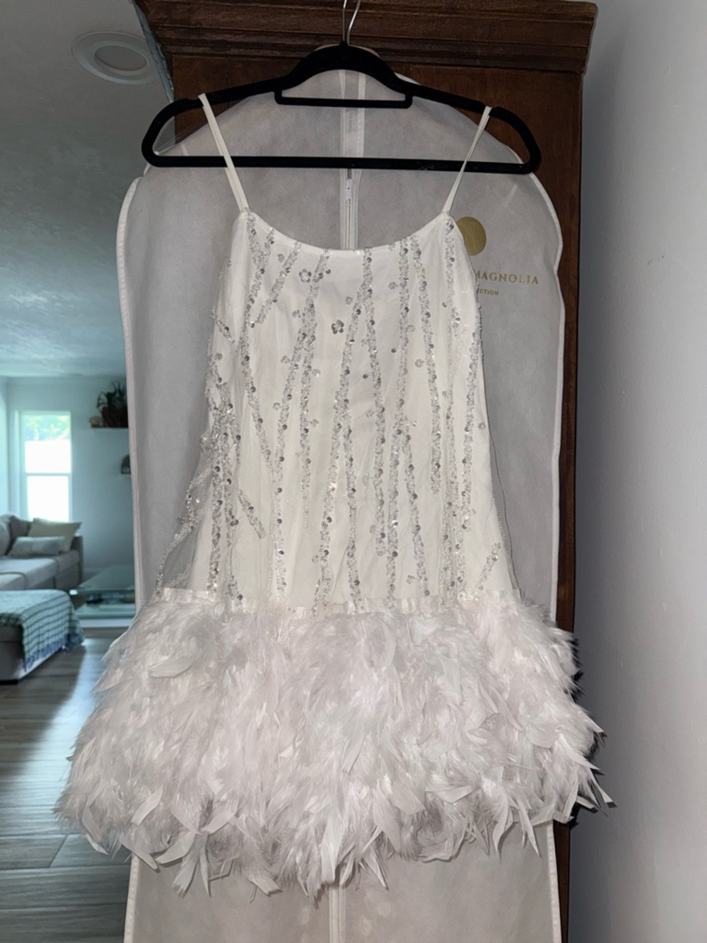White Feather & Sequin Mini Dress with Spaghetti Straps